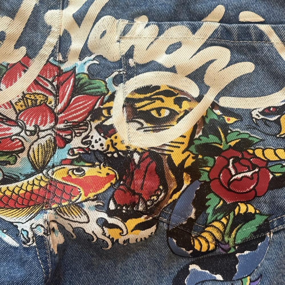 Ed Hardy Womens 30 Baggy Jeans Denim Painted Tattoo Graphic Tiger Koi Snake Y2K - Picture 14 of 16